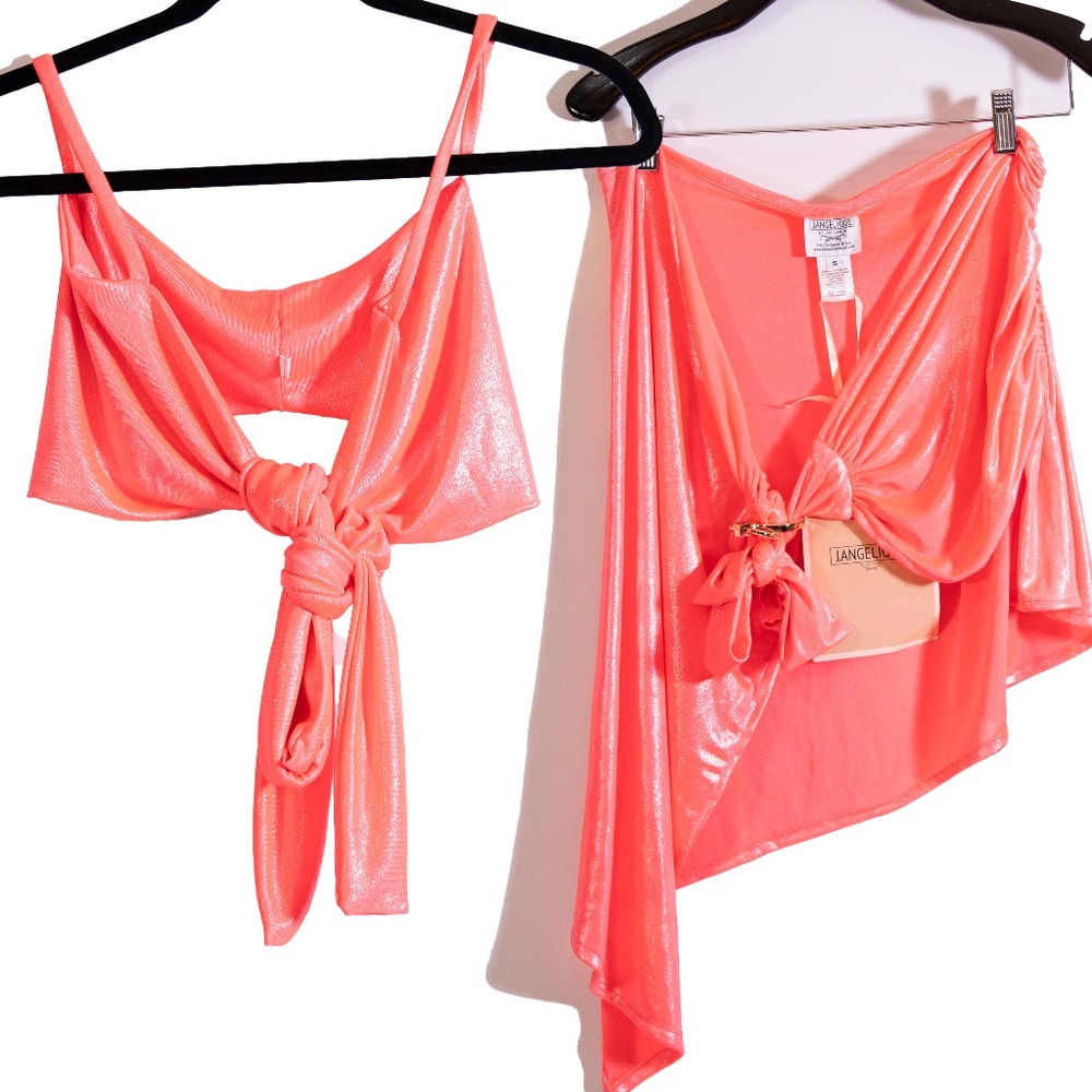 NEW J. Angelique Liquid Metallic Orange Sparkle Two Piece Set Top Midi Skirt S